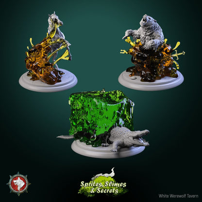 Render of Jelly with Animals Set | 32mm Engulfing Slime Miniatures: Honey jellies engulfing a horse and bear, and a primordial cube over a crocodile, from White Werewolf's Sprites, Slimes and Secrets. 32mm resin set.