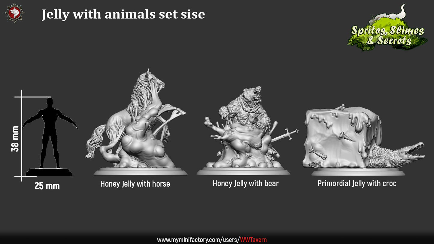 Render of Jelly with Animals Set | 32mm Engulfing Slime Miniatures: Honey jellies engulfing a horse and bear, and a primordial cube over a crocodile, from White Werewolf's Sprites, Slimes and Secrets. 32mm resin set.