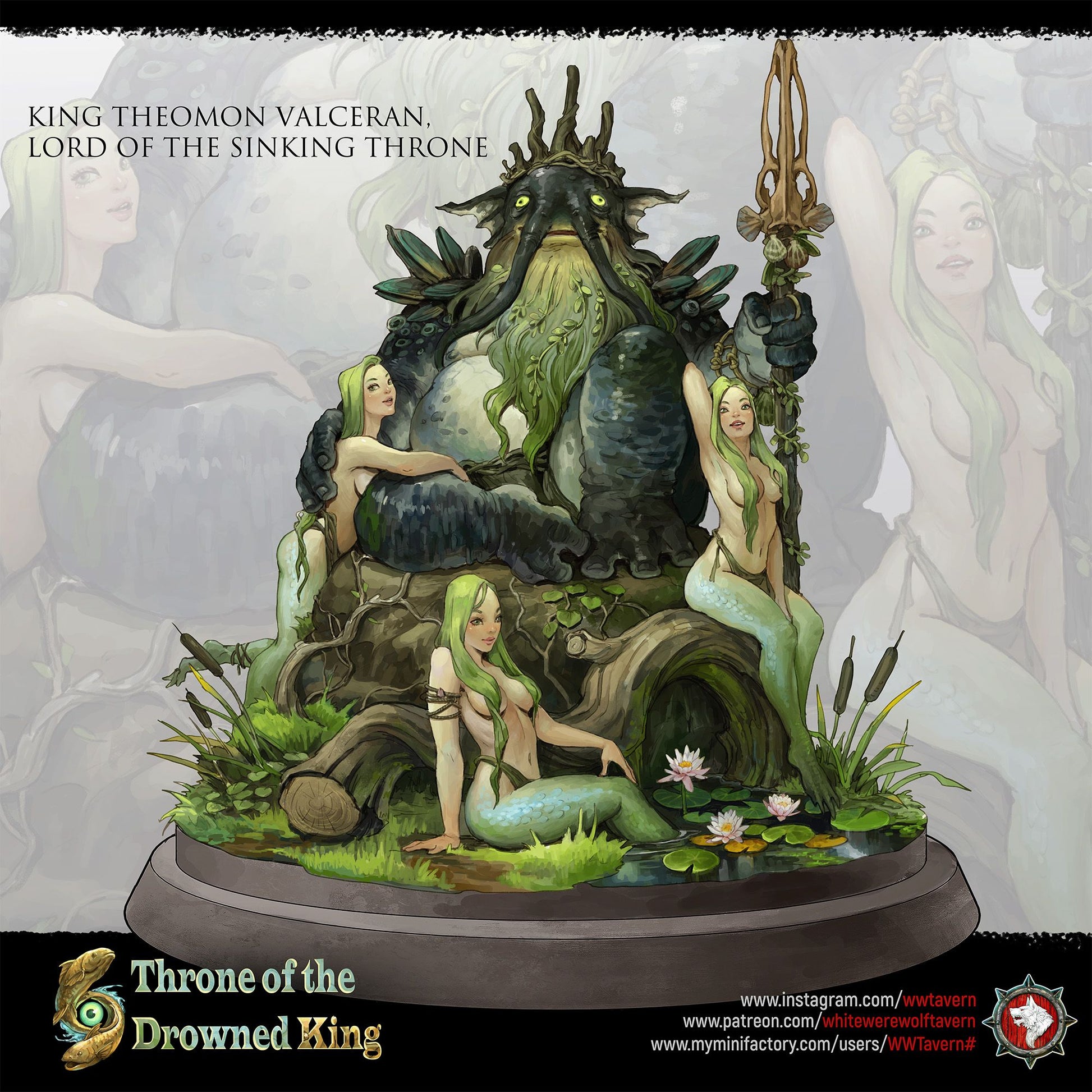 Render of King Theomon Valceran | 32-75mm Drowned King Diorama: Elephant-trunked swamp king on his sinking throne with three mermaids, from White Werewolf's Throne of the Drowned King. 32-75mm resin centerpiece.