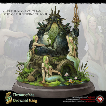 Render of King Theomon Valceran | 32-75mm Drowned King Diorama: Elephant-trunked swamp king on his sinking throne with three mermaids, from White Werewolf's Throne of the Drowned King. 32-75mm resin centerpiece.