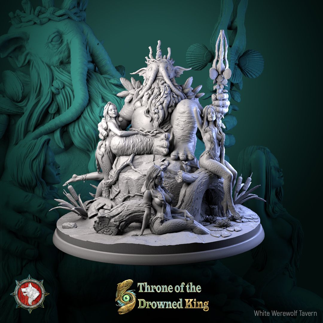 Render of King Theomon Valceran | 32-75mm Drowned King Diorama: Elephant-trunked swamp king on his sinking throne with three mermaids, from White Werewolf's Throne of the Drowned King. 32-75mm resin centerpiece.