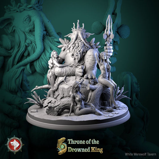 Render of King Theomon Valceran | 32-75mm Drowned King Diorama: Elephant-trunked swamp king on his sinking throne with three mermaids, from White Werewolf's Throne of the Drowned King. 32-75mm resin centerpiece.