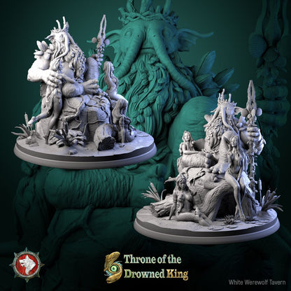 Render of King Theomon Valceran | 32-75mm Drowned King Diorama: Elephant-trunked swamp king on his sinking throne with three mermaids, from White Werewolf's Throne of the Drowned King. 32-75mm resin centerpiece.
