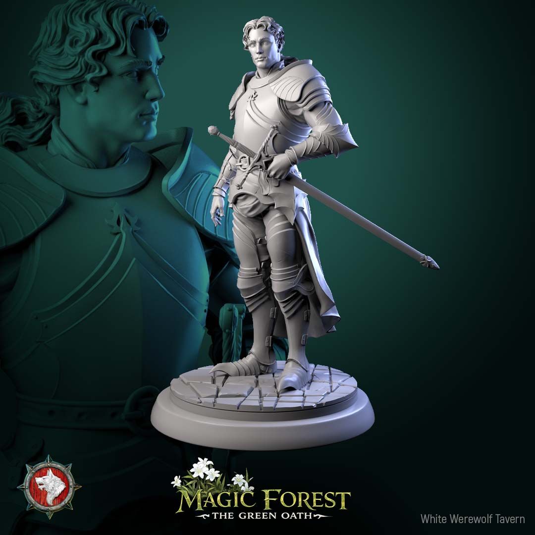 Render of Kings Guard Display Model | 75mm Knight Miniature: Plate-armored kings guard knight with longsword and cloak on cracked flagstones, from White Werewolf's Magic Forest: The Green Oath. 75mm 3D printed resin.