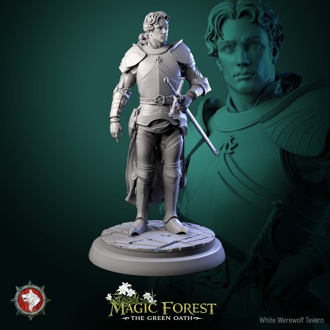 Render of Kings Guard Display Model | 75mm Knight Miniature: Plate-armored kings guard knight with longsword and cloak on cracked flagstones, from White Werewolf's Magic Forest: The Green Oath. 75mm 3D printed resin.