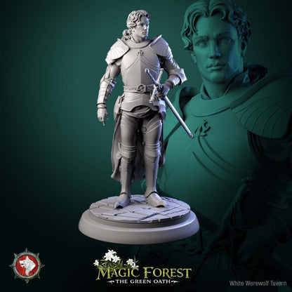 Render of Kings Guard Display Model | 75mm Knight Miniature: Plate-armored kings guard knight with longsword and cloak on cracked flagstones, from White Werewolf's Magic Forest: The Green Oath. 75mm 3D printed resin.