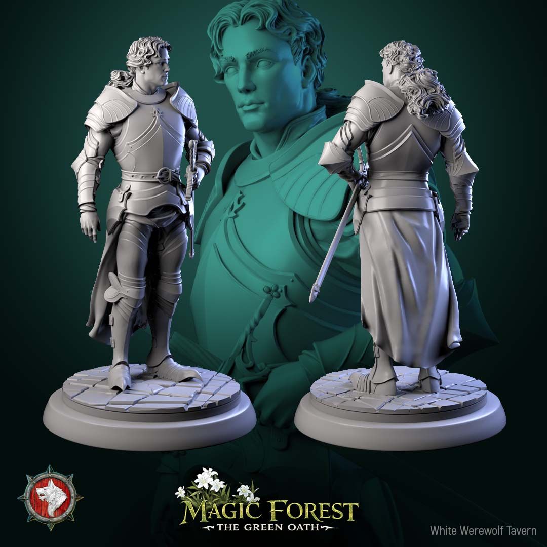 Render of Kings Guard Display Model | 75mm Knight Miniature: Plate-armored kings guard knight with longsword and cloak on cracked flagstones, from White Werewolf's Magic Forest: The Green Oath. 75mm 3D printed resin.