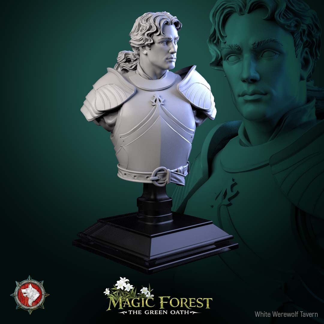 Render of Kings Guard Bust | Knight Collector Bust | White Werewolf: Young knight bust in engraved plate cuirass with layered pauldrons, from White Werewolf's Magic Forest: The Green Oath. 3D printed resin collector bust.
