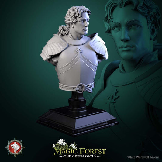 Render of Kings Guard Bust | Knight Collector Bust | White Werewolf: Young knight bust in engraved plate cuirass with layered pauldrons, from White Werewolf's Magic Forest: The Green Oath. 3D printed resin collector bust.