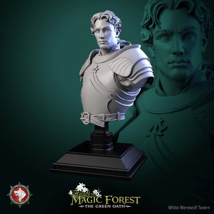 Render of Kings Guard Bust | Knight Collector Bust | White Werewolf: Young knight bust in engraved plate cuirass with layered pauldrons, from White Werewolf's Magic Forest: The Green Oath. 3D printed resin collector bust.