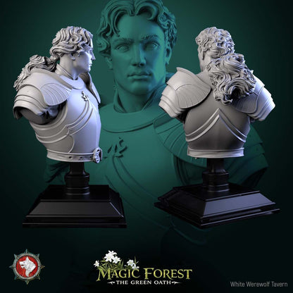 Render of Kings Guard Bust | Knight Collector Bust | White Werewolf: Young knight bust in engraved plate cuirass with layered pauldrons, from White Werewolf's Magic Forest: The Green Oath. 3D printed resin collector bust.