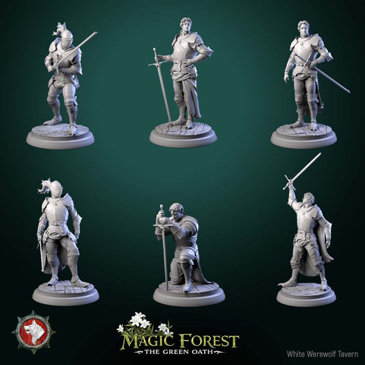 Render of Kings Guard | 32mm Knight Miniatures | White Werewolf: Six plate-armored kings guard knights with longswords on flagstone rounds, from White Werewolf's Magic Forest: The Green Oath. 32mm 3D printed resin.
