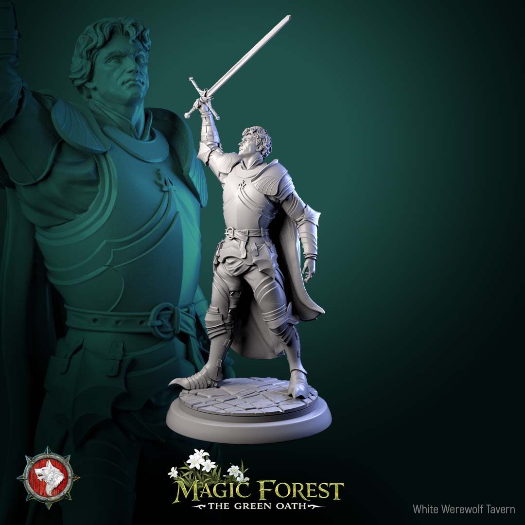 Render of Kings Guard | 32mm Knight Miniatures | White Werewolf: Six plate-armored kings guard knights with longswords on flagstone rounds, from White Werewolf's Magic Forest: The Green Oath. 32mm 3D printed resin.