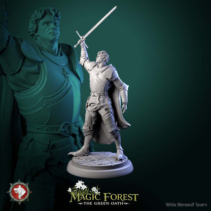 Render of Kings Guard | 32mm Knight Miniatures | White Werewolf: Six plate-armored kings guard knights with longswords on flagstone rounds, from White Werewolf's Magic Forest: The Green Oath. 32mm 3D printed resin.