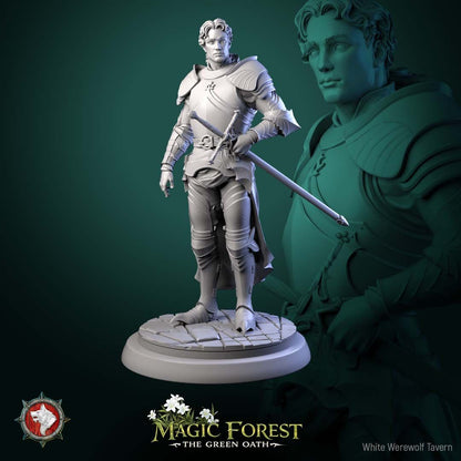 Render of Kings Guard | 32mm Knight Miniatures | White Werewolf: Six plate-armored kings guard knights with longswords on flagstone rounds, from White Werewolf's Magic Forest: The Green Oath. 32mm 3D printed resin.