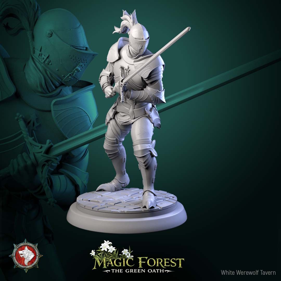 Render of Kings Guard | 32mm Knight Miniatures | White Werewolf: Six plate-armored kings guard knights with longswords on flagstone rounds, from White Werewolf's Magic Forest: The Green Oath. 32mm 3D printed resin.