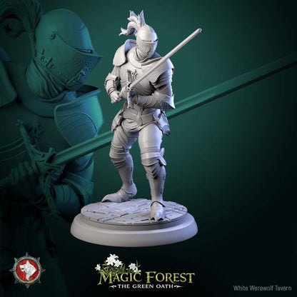 Render of Kings Guard | 32mm Knight Miniatures | White Werewolf: Six plate-armored kings guard knights with longswords on flagstone rounds, from White Werewolf's Magic Forest: The Green Oath. 32mm 3D printed resin.
