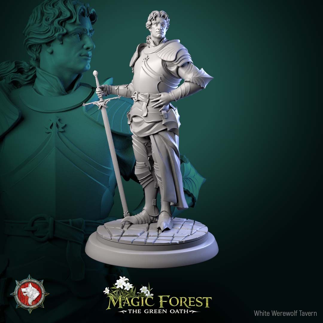 Render of Kings Guard | 32mm Knight Miniatures | White Werewolf: Six plate-armored kings guard knights with longswords on flagstone rounds, from White Werewolf's Magic Forest: The Green Oath. 32mm 3D printed resin.