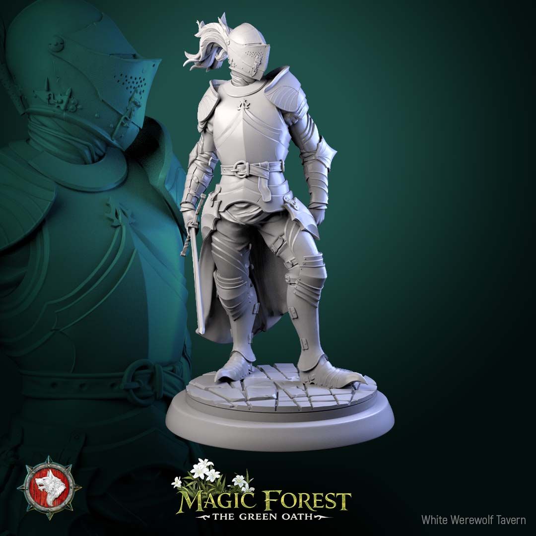 Render of Kings Guard | 32mm Knight Miniatures | White Werewolf: Six plate-armored kings guard knights with longswords on flagstone rounds, from White Werewolf's Magic Forest: The Green Oath. 32mm 3D printed resin.