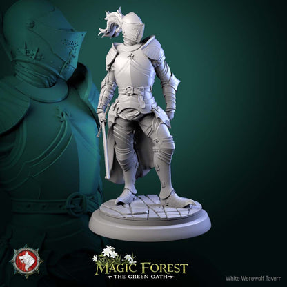 Render of Kings Guard | 32mm Knight Miniatures | White Werewolf: Six plate-armored kings guard knights with longswords on flagstone rounds, from White Werewolf's Magic Forest: The Green Oath. 32mm 3D printed resin.