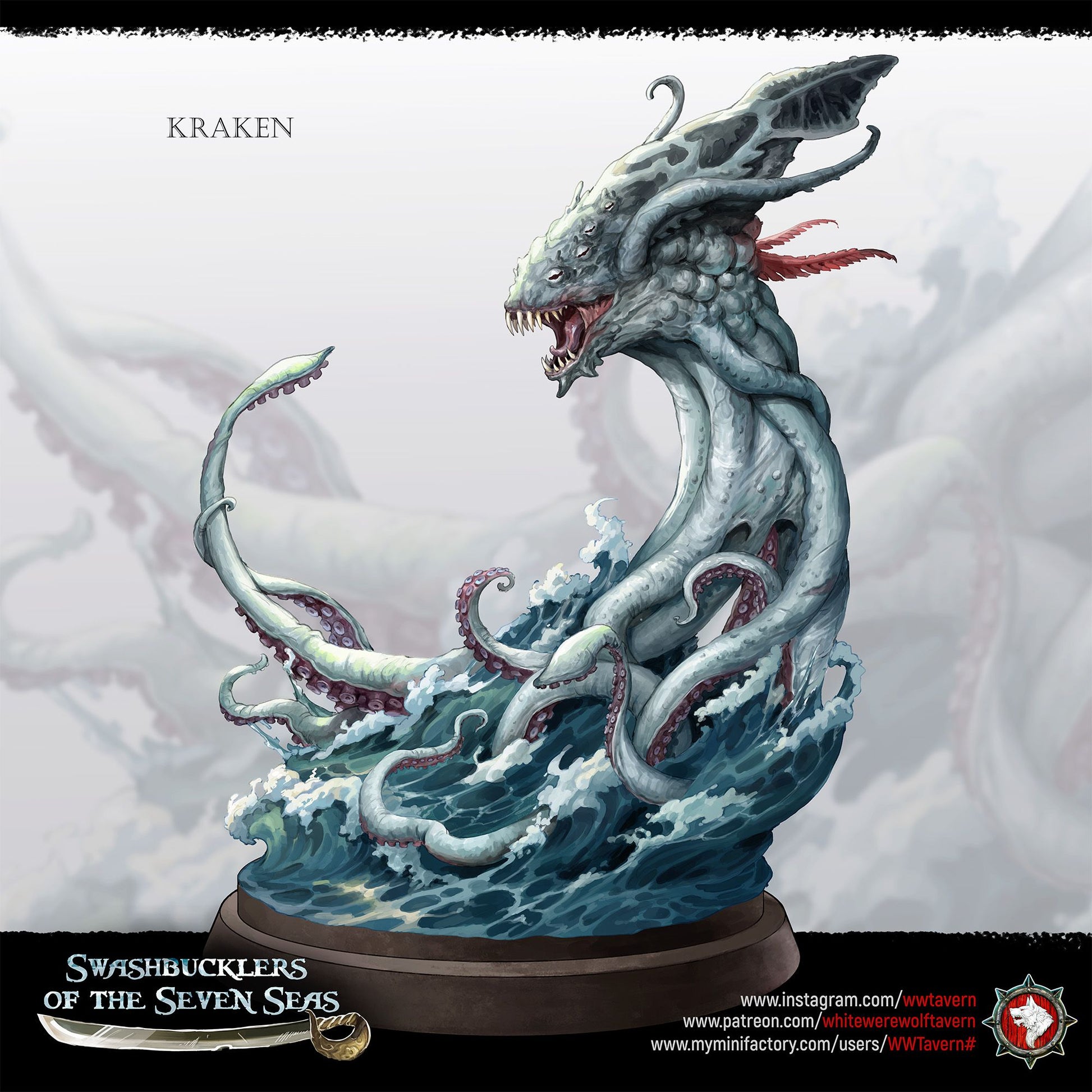 Render of Kraken | 32mm Sea Monster Miniature | White Werewolf: Horned mantle-headed kraken with six coiling tentacles rising from the waves, from White Werewolf's Swashbucklers of the Seven Seas. 32mm 3D printed resin.