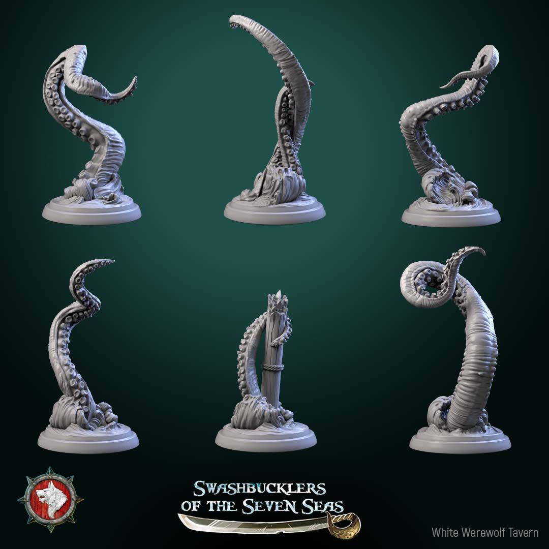 Render of Kraken Tentacles | 32mm Sea Monster Tentacle Miniatures: Six suckered kraken tentacles bursting from wave swirls, one around a broken mast, from White Werewolf's Swashbucklers. 32mm resin, single or full set.