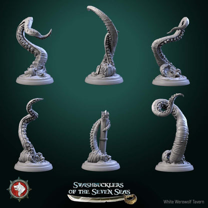 Render of Kraken Tentacles | 32mm Sea Monster Tentacle Miniatures: Six suckered kraken tentacles bursting from wave swirls, one around a broken mast, from White Werewolf's Swashbucklers. 32mm resin, single or full set.
