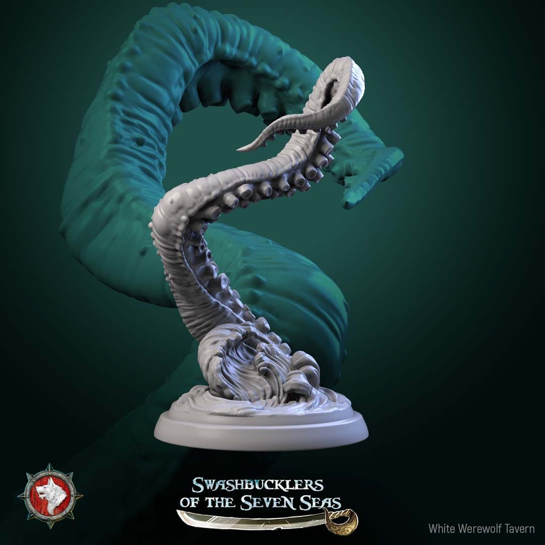 Render of Kraken Tentacles | 32mm Sea Monster Tentacle Miniatures: Six suckered kraken tentacles bursting from wave swirls, one around a broken mast, from White Werewolf's Swashbucklers. 32mm resin, single or full set.