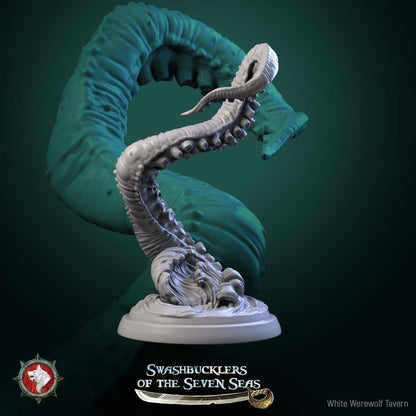 Render of Kraken Tentacles | 32mm Sea Monster Tentacle Miniatures: Six suckered kraken tentacles bursting from wave swirls, one around a broken mast, from White Werewolf's Swashbucklers. 32mm resin, single or full set.