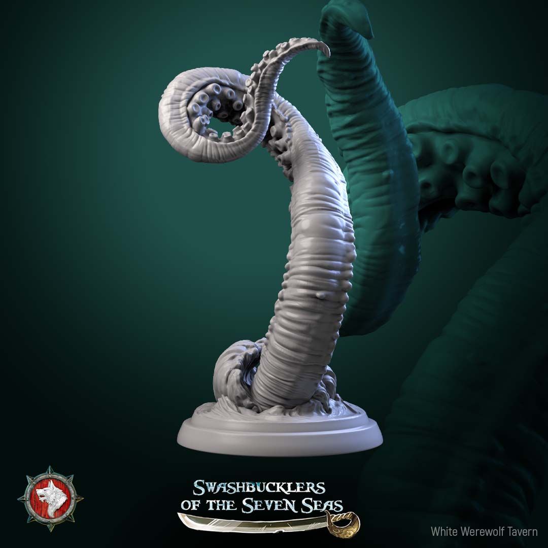 Render of Kraken Tentacles | 32mm Sea Monster Tentacle Miniatures: Six suckered kraken tentacles bursting from wave swirls, one around a broken mast, from White Werewolf's Swashbucklers. 32mm resin, single or full set.
