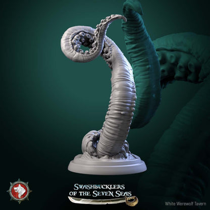 Render of Kraken Tentacles | 32mm Sea Monster Tentacle Miniatures: Six suckered kraken tentacles bursting from wave swirls, one around a broken mast, from White Werewolf's Swashbucklers. 32mm resin, single or full set.