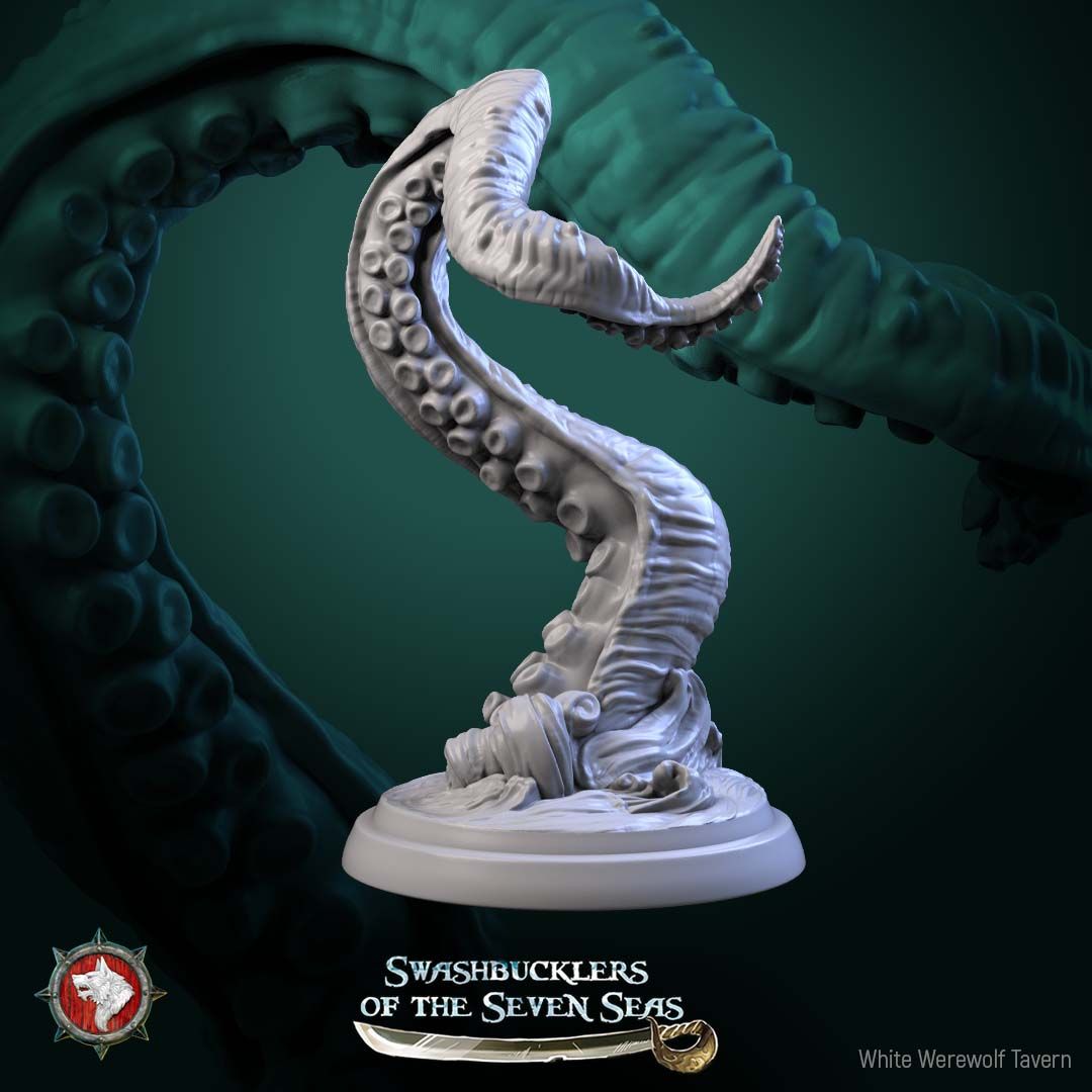 Render of Kraken Tentacles | 32mm Sea Monster Tentacle Miniatures: Six suckered kraken tentacles bursting from wave swirls, one around a broken mast, from White Werewolf's Swashbucklers. 32mm resin, single or full set.