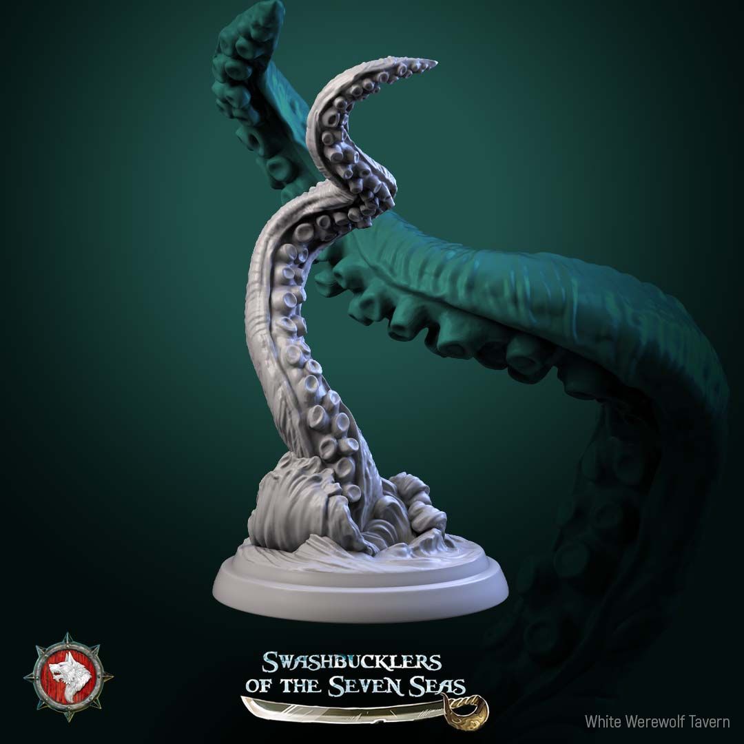 Render of Kraken Tentacles | 32mm Sea Monster Tentacle Miniatures: Six suckered kraken tentacles bursting from wave swirls, one around a broken mast, from White Werewolf's Swashbucklers. 32mm resin, single or full set.