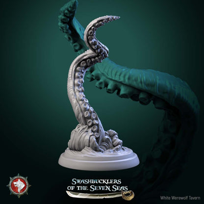 Render of Kraken Tentacles | 32mm Sea Monster Tentacle Miniatures: Six suckered kraken tentacles bursting from wave swirls, one around a broken mast, from White Werewolf's Swashbucklers. 32mm resin, single or full set.