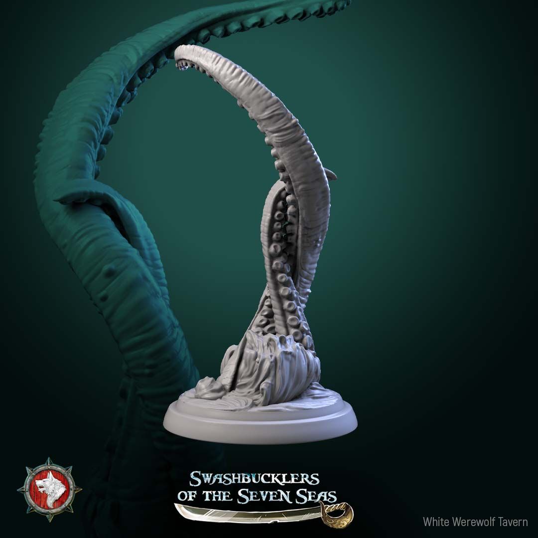 Render of Kraken Tentacles | 32mm Sea Monster Tentacle Miniatures: Six suckered kraken tentacles bursting from wave swirls, one around a broken mast, from White Werewolf's Swashbucklers. 32mm resin, single or full set.