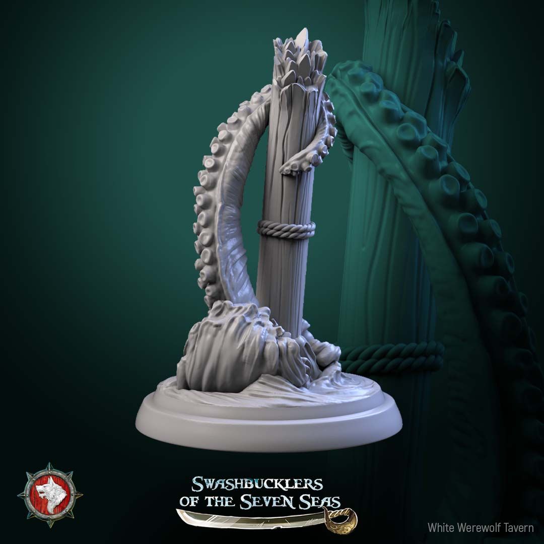 Render of Kraken Tentacles | 32mm Sea Monster Tentacle Miniatures: Six suckered kraken tentacles bursting from wave swirls, one around a broken mast, from White Werewolf's Swashbucklers. 32mm resin, single or full set.