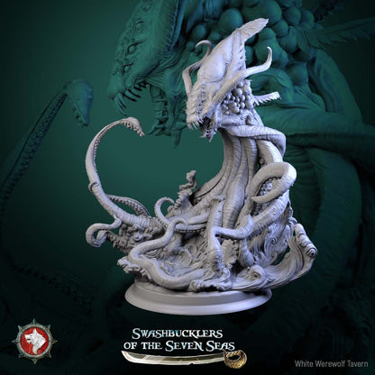 Render of Kraken | 32mm Sea Monster Miniature | White Werewolf: Horned mantle-headed kraken with six coiling tentacles rising from the waves, from White Werewolf's Swashbucklers of the Seven Seas. 32mm 3D printed resin.