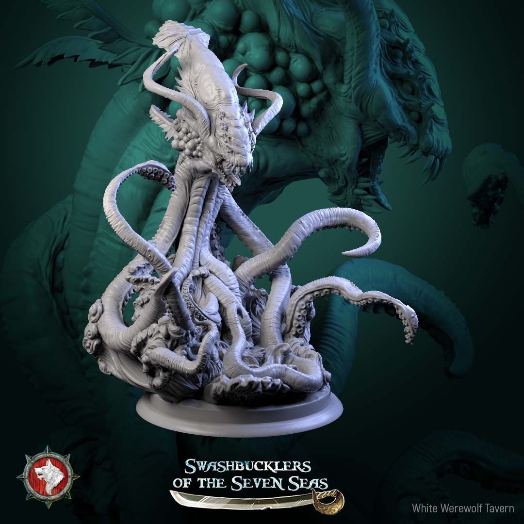 Render of Kraken | 32mm Sea Monster Miniature | White Werewolf: Horned mantle-headed kraken with six coiling tentacles rising from the waves, from White Werewolf's Swashbucklers of the Seven Seas. 32mm 3D printed resin.