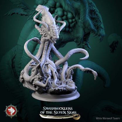 Render of Kraken | 32mm Sea Monster Miniature | White Werewolf: Horned mantle-headed kraken with six coiling tentacles rising from the waves, from White Werewolf's Swashbucklers of the Seven Seas. 32mm 3D printed resin.