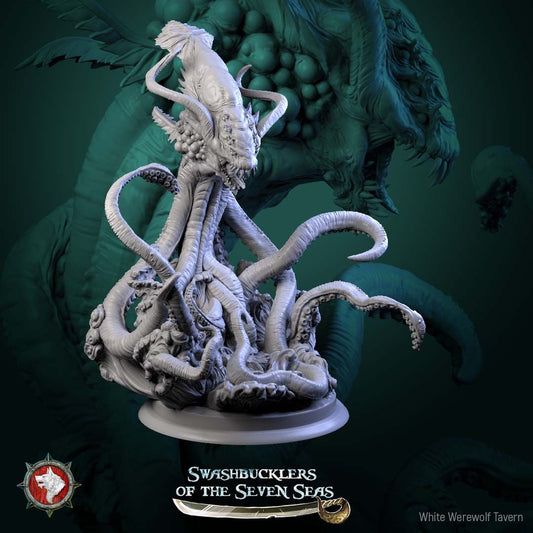 Render of Kraken | 32mm Sea Monster Miniature | White Werewolf: Horned mantle-headed kraken with six coiling tentacles rising from the waves, from White Werewolf's Swashbucklers of the Seven Seas. 32mm 3D printed resin.