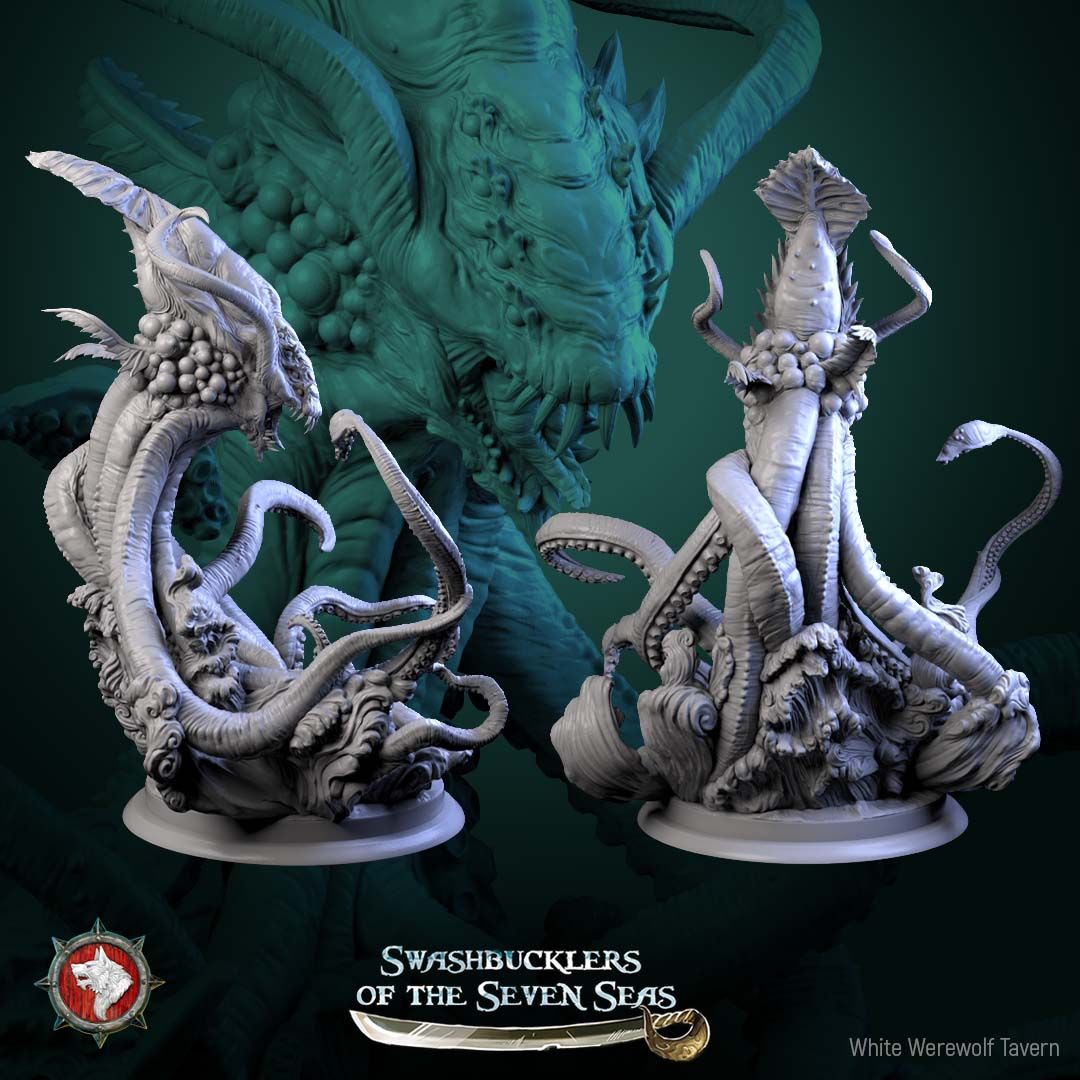 Render of Kraken | 32mm Sea Monster Miniature | White Werewolf: Horned mantle-headed kraken with six coiling tentacles rising from the waves, from White Werewolf's Swashbucklers of the Seven Seas. 32mm 3D printed resin.