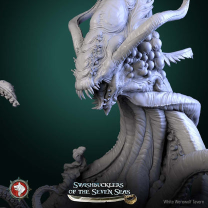 Render of Kraken | 32mm Sea Monster Miniature | White Werewolf: Horned mantle-headed kraken with six coiling tentacles rising from the waves, from White Werewolf's Swashbucklers of the Seven Seas. 32mm 3D printed resin.