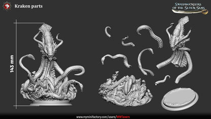 Render of Kraken | 32mm Sea Monster Miniature | White Werewolf: Horned mantle-headed kraken with six coiling tentacles rising from the waves, from White Werewolf's Swashbucklers of the Seven Seas. 32mm 3D printed resin.
