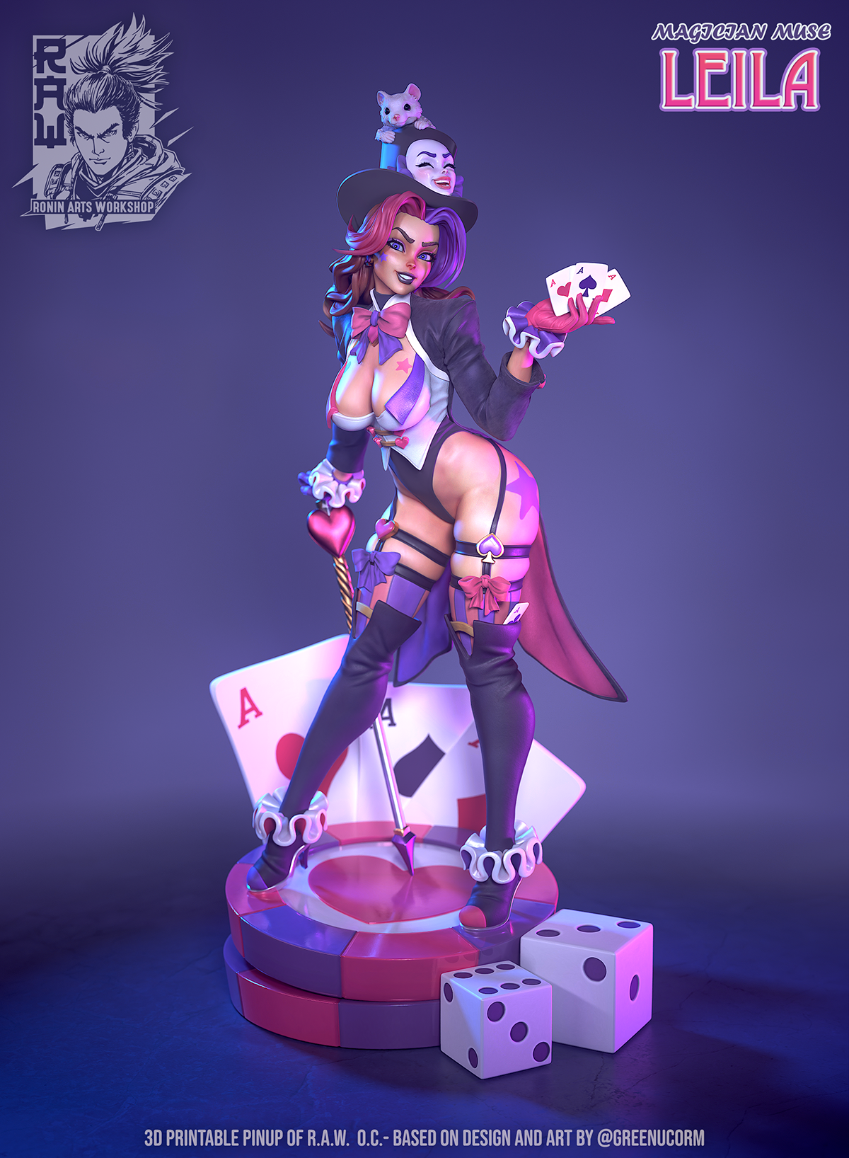 Magician Muse Leila, magician pin-up display figure in colour, Clothed style, with top hat, aces and heart cane on a poker-chip plinth with cards and dice, designer render by Ronin Arts Workshop of Greenu's character.