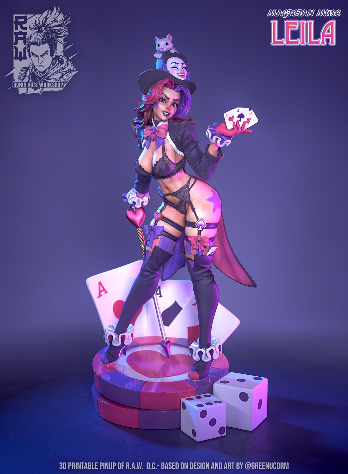 Magician Muse Leila, the Lingerie style in colour, lace bra, panties and garter belt under the tailcoat, designer render by Ronin Arts Workshop.