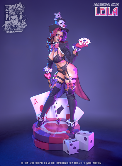 Magician Muse Leila, the Lingerie style in colour, lace bra, panties and garter belt under the tailcoat, designer render by Ronin Arts Workshop.