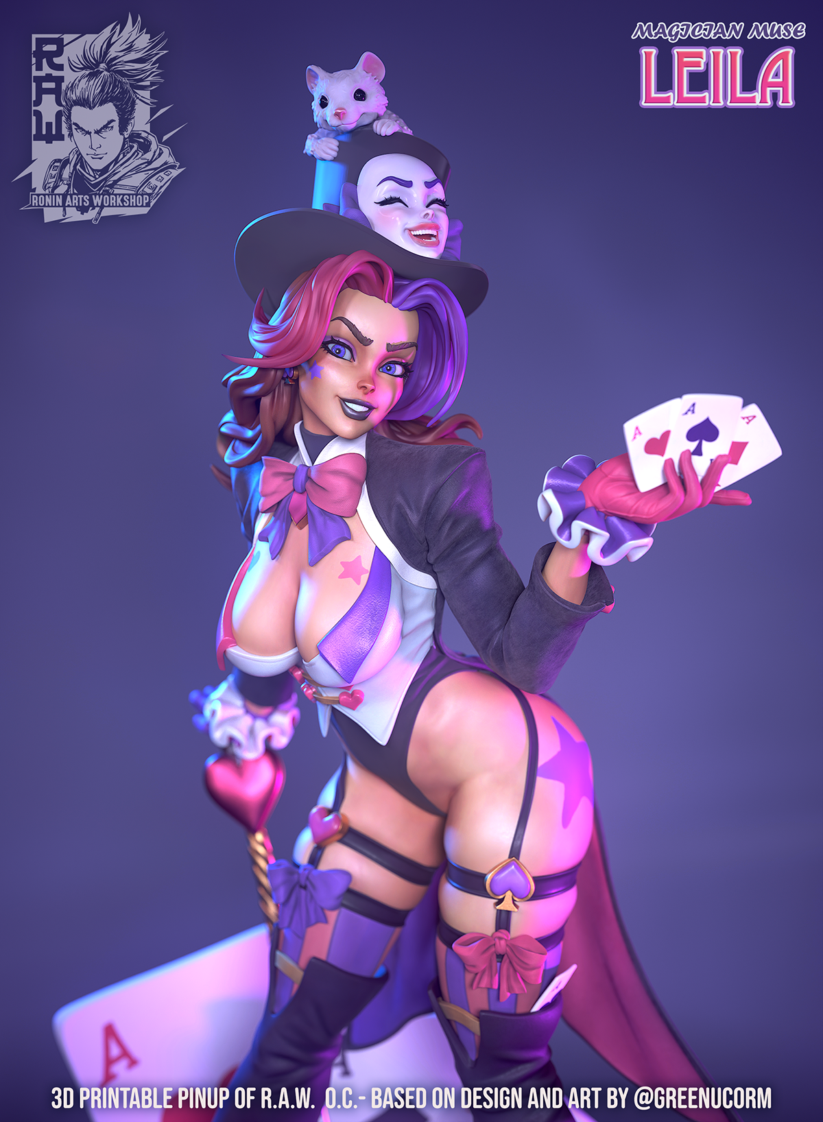 Magician Muse Leila, close-up of the top hat with mask and rat, bow tie and fan of aces, colour render by Ronin Arts Workshop.