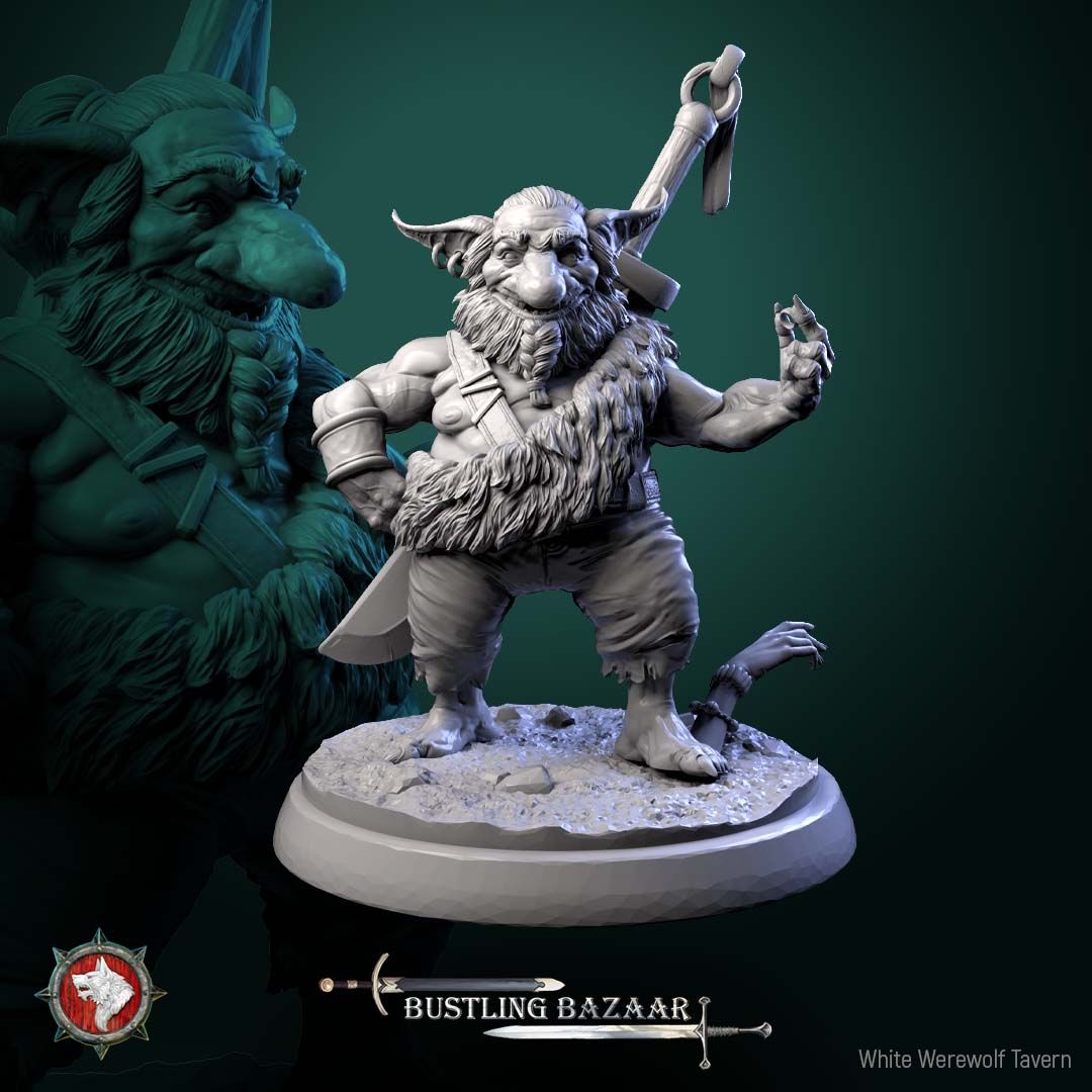 Render of Loot Goblins | 32mm Goblin Miniatures | White Werewolf: Six goblin scoundrels with stolen chest, crown, gems, and trinkets, from White Werewolf's Bustling Bazaar. 32mm 3D printed resin, single or full set.