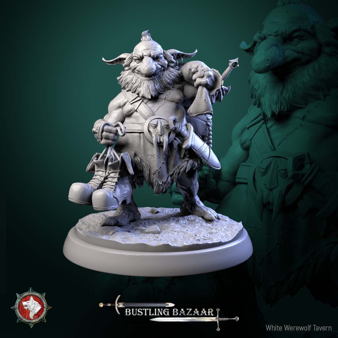 Render of Loot Goblins | 32mm Goblin Miniatures | White Werewolf: Six goblin scoundrels with stolen chest, crown, gems, and trinkets, from White Werewolf's Bustling Bazaar. 32mm 3D printed resin, single or full set.
