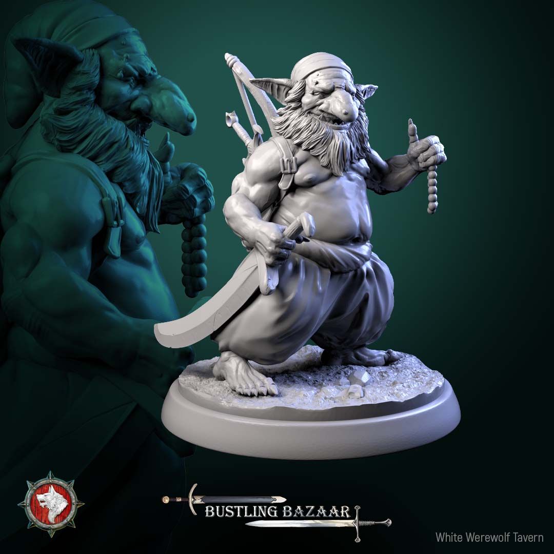 Render of Loot Goblins | 32mm Goblin Miniatures | White Werewolf: Six goblin scoundrels with stolen chest, crown, gems, and trinkets, from White Werewolf's Bustling Bazaar. 32mm 3D printed resin, single or full set.